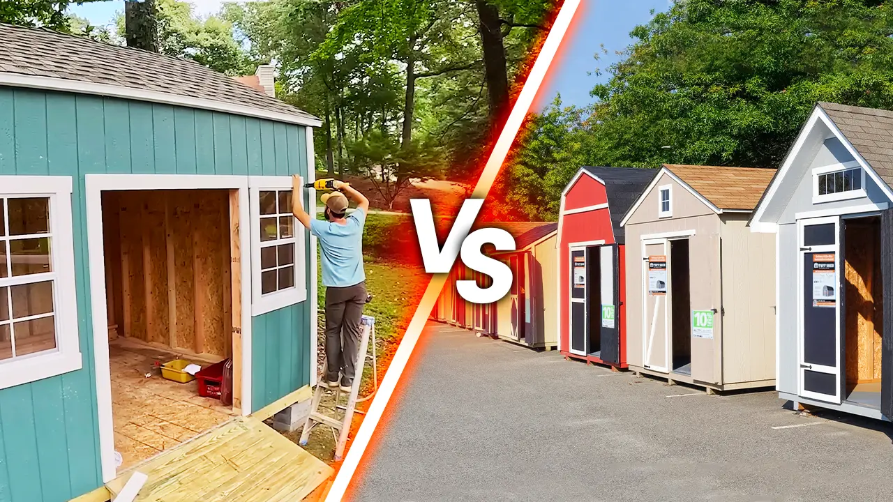 A side-by-side image of an Everyday Shed Builders shed and a hardware store lot full of Tuff Sheds.